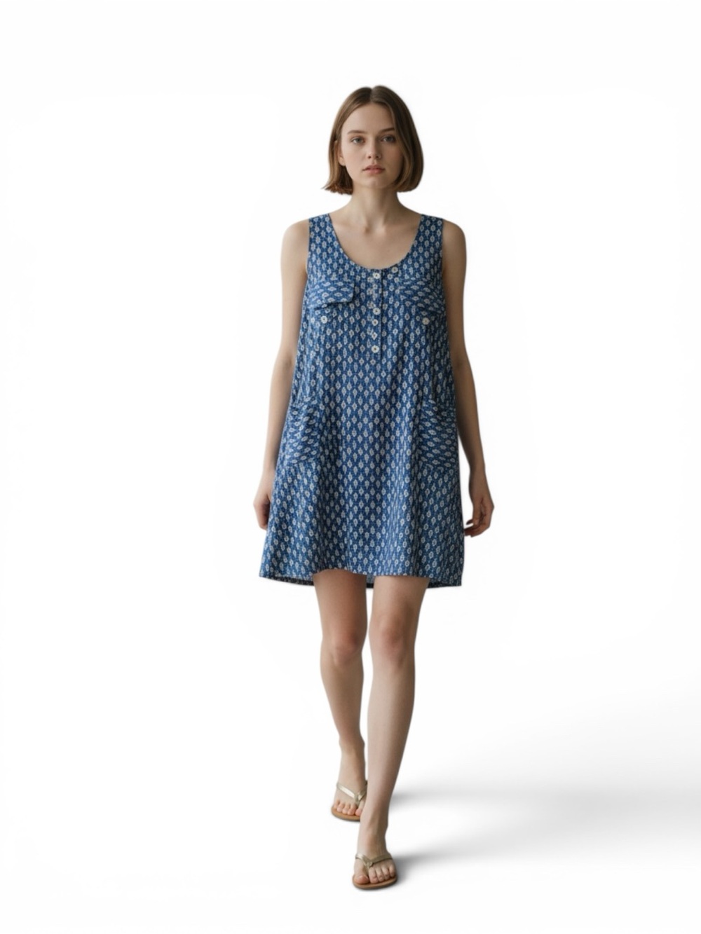 Maeve Anthropologie Blue Printed Sleeveless Shift Dress Size Small Button Front